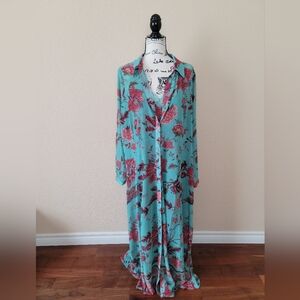 Floral Maxi Shirt Dress in Aqua and Rose